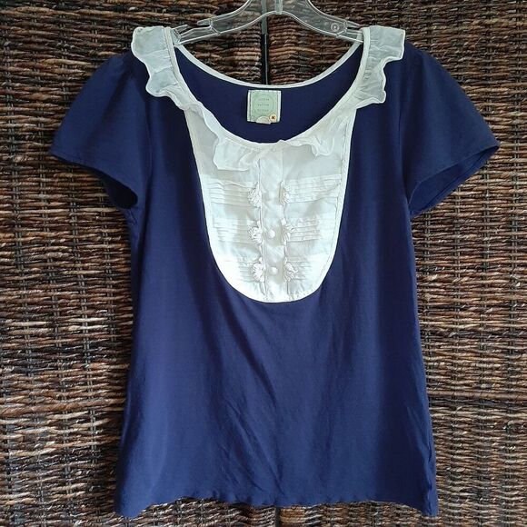 Anthropologie Little Yellow Button Tee Small Blue Pintuck Ruffle Twee Coquette - Picture 1 of 8